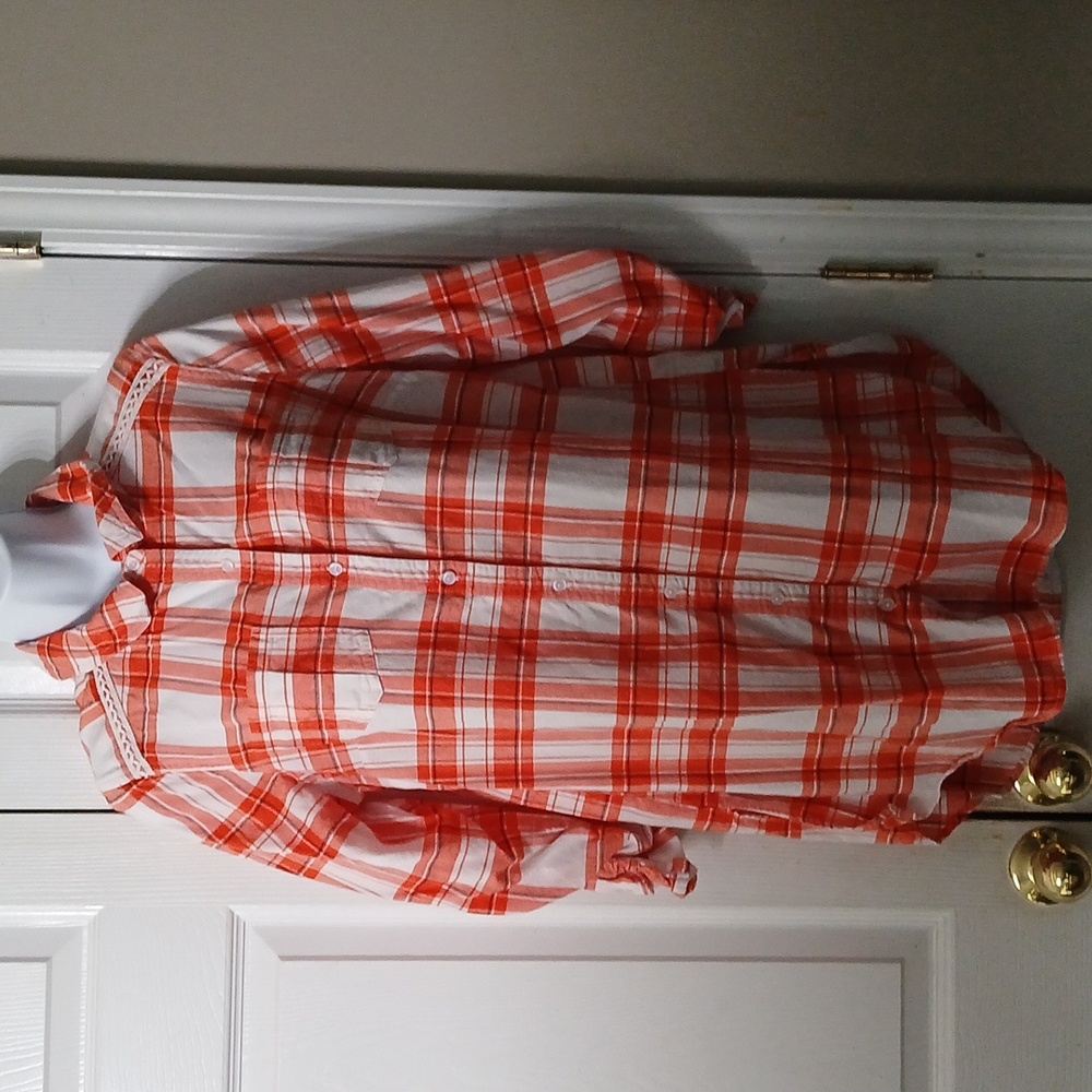 New Directions orange white long sleeve plaid button down tunic  Sz M